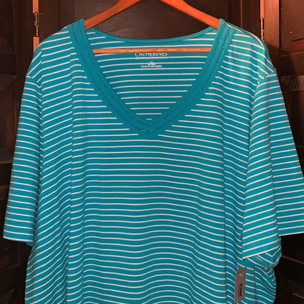 Catherine’s Teal Blue & White Striped V-Neck t-shirt women’s 3XL , 26-28W, NWT - Picture 6 of 9